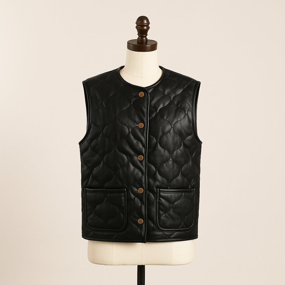 Anthropologie Frnch X Gisette Faux Leather Sleeveless Quilted Vest Black, Os